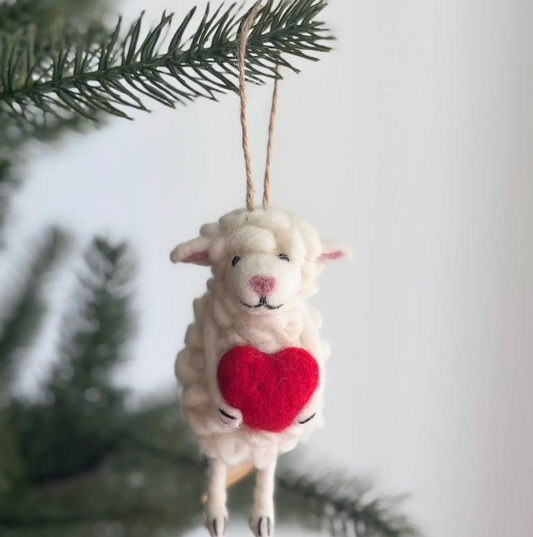 Felt Sheep holding Heart Ornament